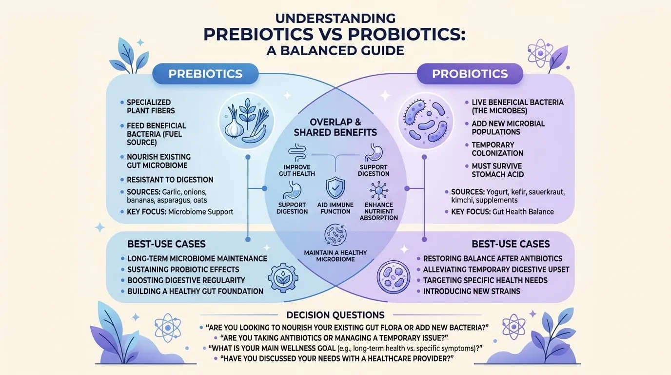 Editorial infographic explaining prebiotics vs probiotics