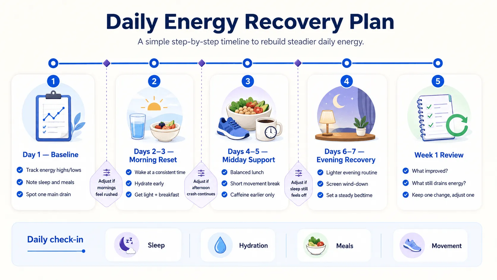 Editorial infographic explaining building a daily energy recovery plan