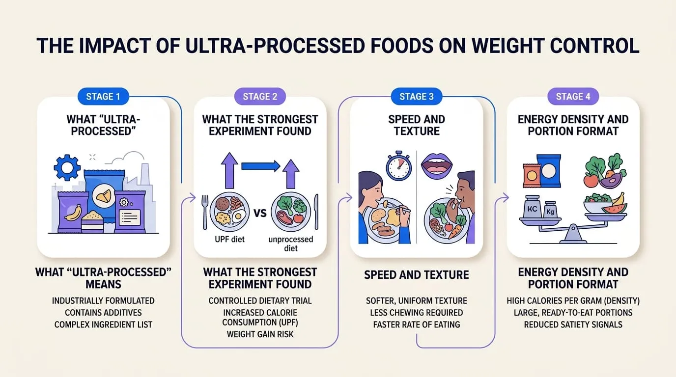 Editorial infographic explaining ultra processed foods weight control